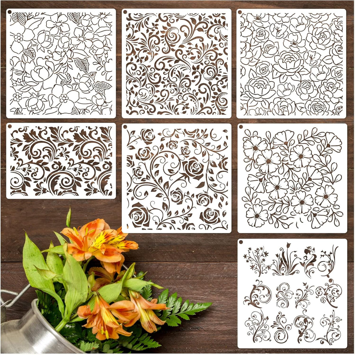 Large Flower Stencils for Painting Floral Leaf Stencil Rose Vine Background Template Paint Stencils for Painting on Wood Burning Art Craft Canvas Furniture Wall (7 Large Flowers)