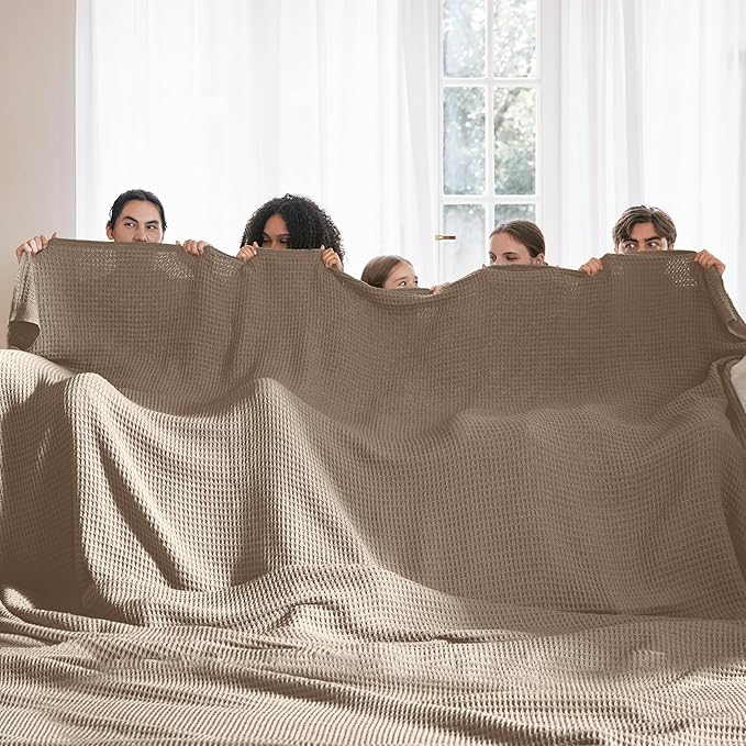 Bedsure 100% Cotton Large Blanket Oversized King for Bed - Breathable Thick Waffle Weave Blanket for Summer, Couch Cover, Taupe, 120x94 inches