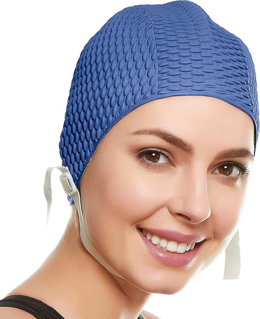 Beemo Swim Cap Women Chin Strap Bubble Crepe Latex Long Short Hair Swimming Caps