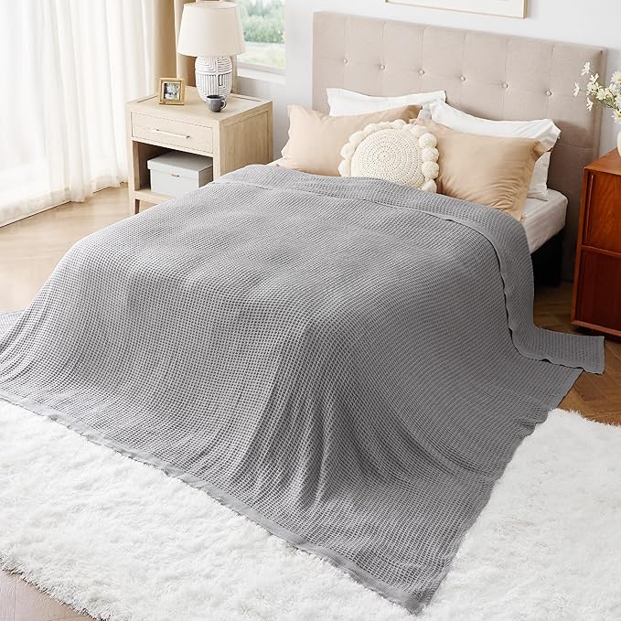 Bedsure 100% Cotton Large Blanket Oversized King for Bed - Breathable Thick Waffle Weave Blanket for Summer, Couch Cover, Grey, 120x94 inches