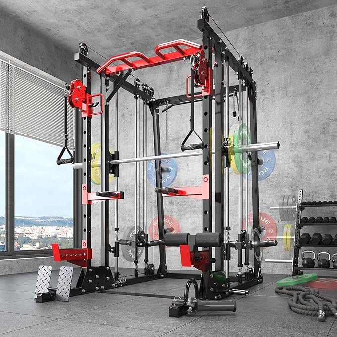 Smith Machine with LAT-Pull Down System & Cable Crossover Machine, 2000LBS Power Cage Rack for Garage Workout & Home Gym