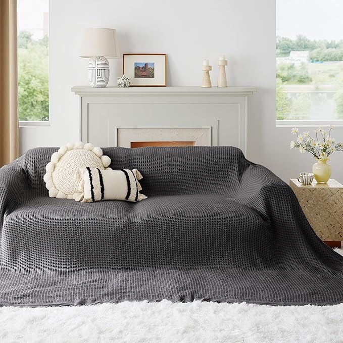 Bedsure 100% Cotton Large Blanket Oversized King for Bed - Breathable Thick Waffle Weave Blanket for Summer, Couch Cover, Dark Grey, 120x94 inches