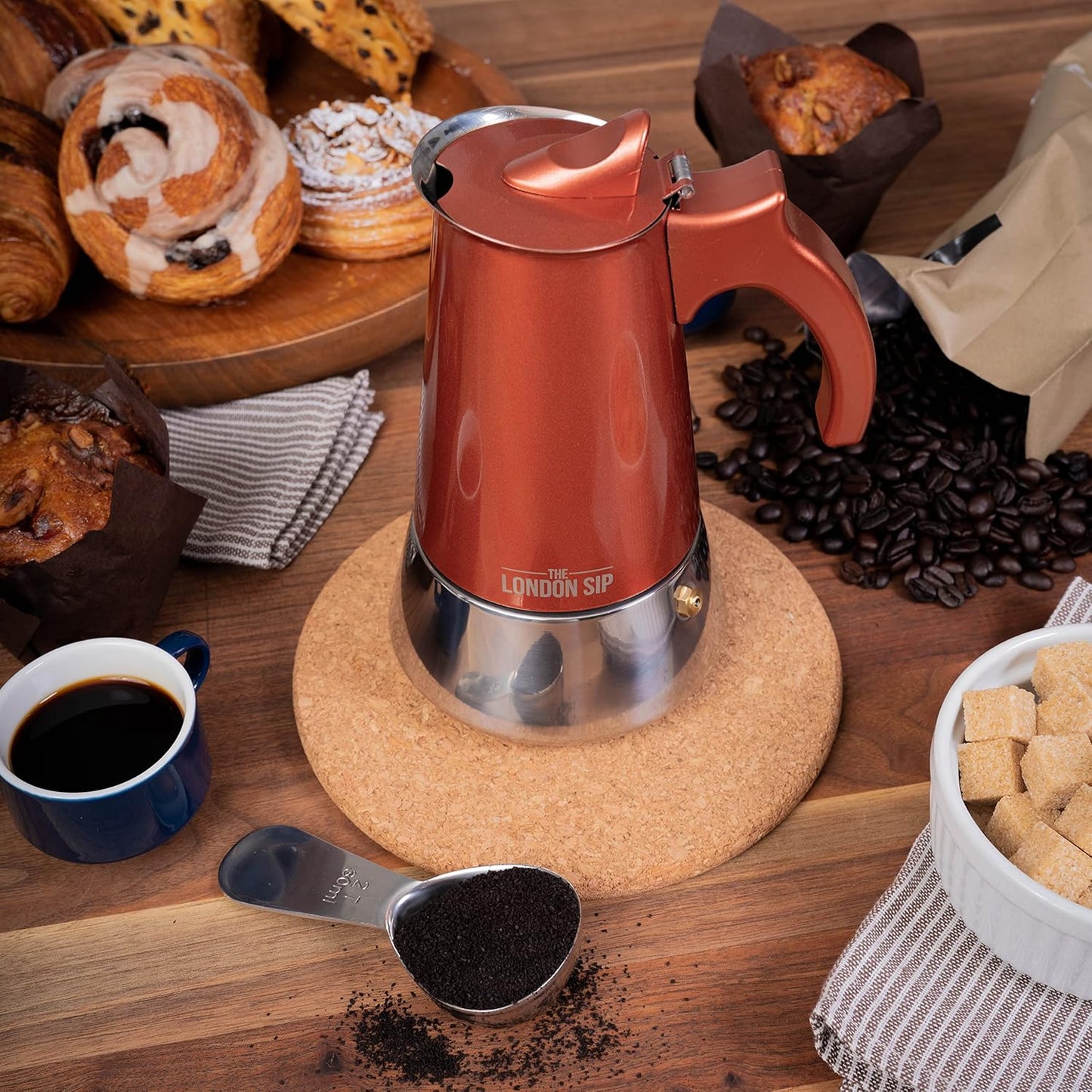 London Sip Stainless Steel Stovetop Espresso Maker Moka Pot Italian Coffee Percolator, Copper, Large (16.9 oz)