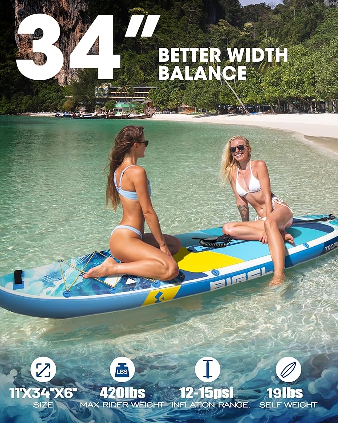 Bigfly Inflatable Stand Up Paddle Board 11’*34”*6”, Blow Up Paddle Board for Adults,with Detachable Fins, Pump, Floating Paddle, Safety Leash,Backpack