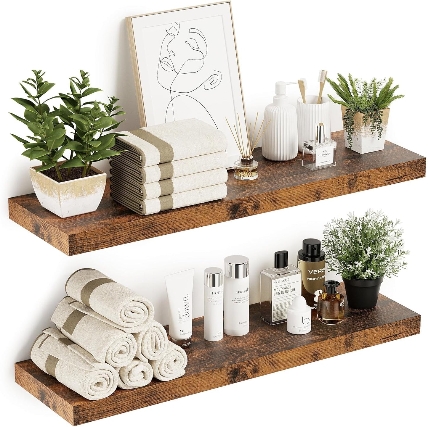 Vivelove Floating Shelves 10 inches Deep, Long 36 x 10 x 1.8 Wall Shelves for Bedroom, Living Room, Kitchen, Office, Bathroom Farmhouse Shelf Home Decor with Invisible Bracket, Rustic Brown