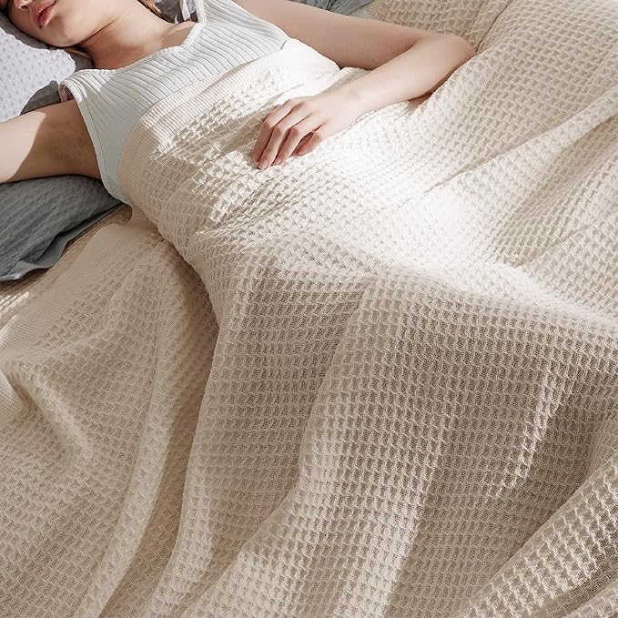 Bedsure 100% Cotton Large Blanket Oversized King for Bed - Breathable Thick Waffle Weave Blanket for Summer, Couch Cover, Khaki (a Little Bit Yellow), 120x94 inches