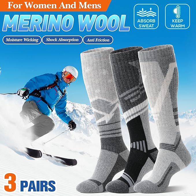 3 Pairs Merino Wool Ski Socks Thermal Warm Winter Thick Knee High Snowboarding Skiing Socks for Women Men