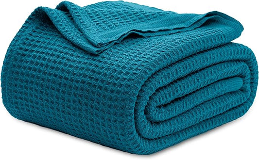 Bedsure 100% Cotton Blanket Queen Size for Bed - Breathable and Soft, Waffle Weave Blanket for Summer, Thick Cozy Fall Blankets for Women Gift, Teal, 90x90 Inches