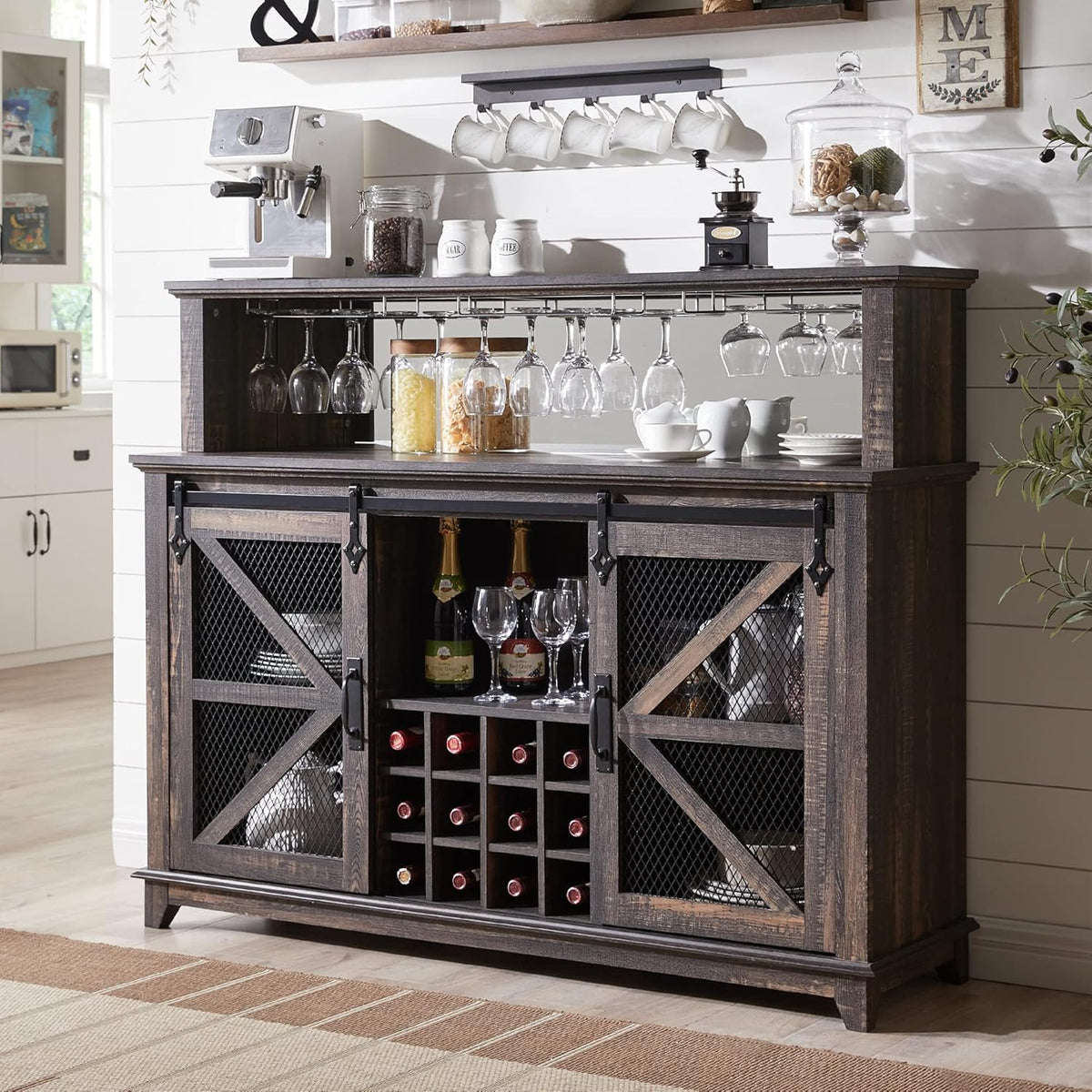 OKD Farmhouse Coffee Bar Cabinet with LED Lights, 55" Wine Bar w/Sliding Barn Door & Wine and Glass Rack, Kitchen Buffet Cabinet w/Storage Shelves for Dining Room,Dark Rustic Oak