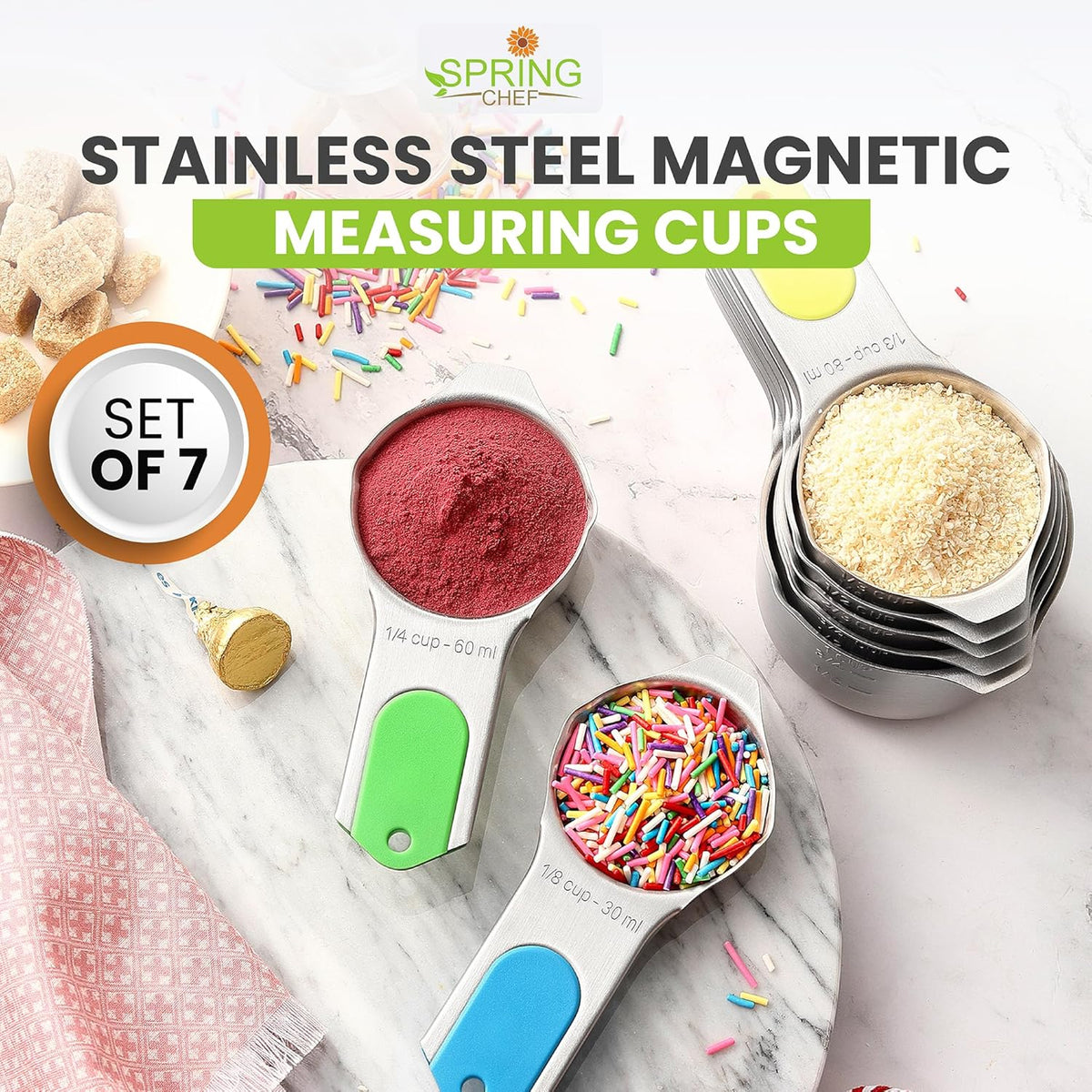 Spring Chef Magnetic Stainless Steel Measuring Cups (Patent Pending), Kitchen Tools with Easy to Read Markings for Measuring Dry or Liquid Ingredients, Set of 7, Neon