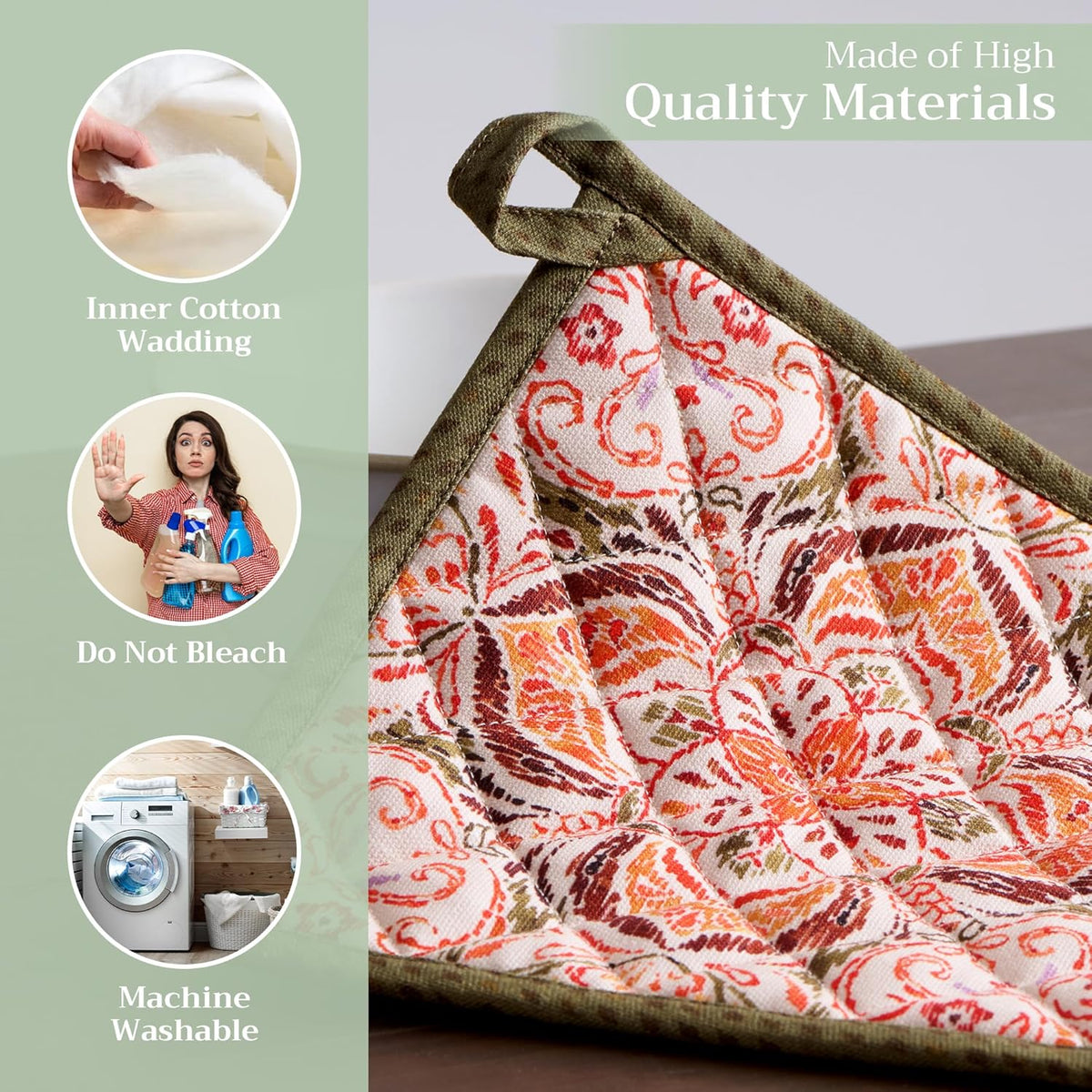 Maison d' Hermine Pot Holders Set 100% Cotton Heat Resistant Potholders 8" x 8" Hot Pads with Loop BBQ, Cooking, Baking, Grilling, Kitchen, Handling Hot Pans (Pack of 2, Damask)