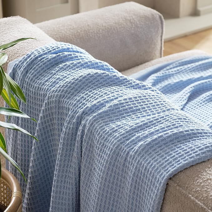 Bedsure 100% Cotton Blanket King Size for Bed - Breathable and Soft, Waffle Weave Blanket for Summer, Thick Cozy Fall Blankets for Women Gift, Sky Blue, 104x90 inches