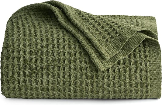 Bedsure 100% Cotton Large Throw Blanket for Couch 50x70 inches - Breathable and Soft, Waffle Weave Throw Blanket for Office, Olive Green