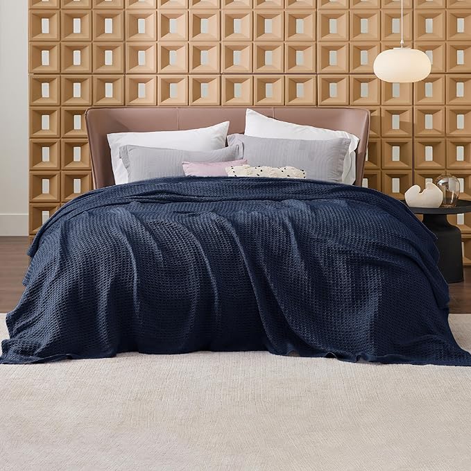 Bedsure 100% Cotton Blanket King Size for Bed - Breathable and Soft, Waffle Weave Blanket for Summer, Thick Cozy Fall Blankets for Women Gift, Pageant Blue, 104x90 inches