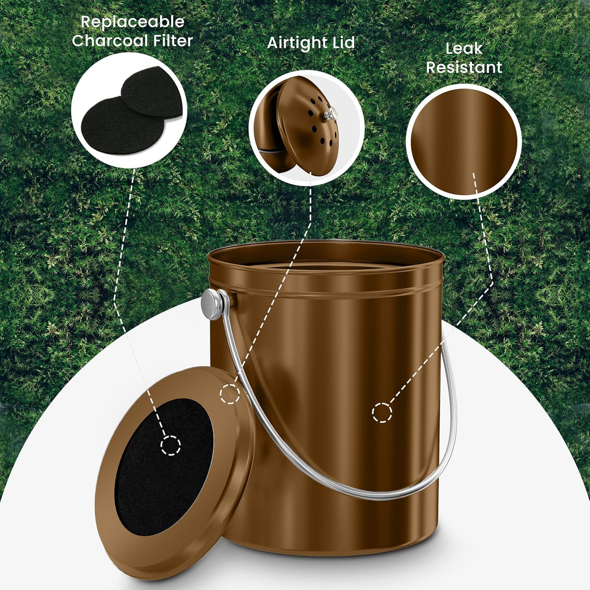 Utopia Kitchen Compost Bin for Kitchen Countertop, 1.3 Gallon Compost Bucket for Kitchen with Lid, Includes 1 Spare Charcoal Filter (Bronze)