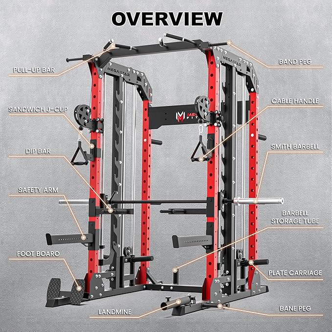 Smith Machine Home Gym with Aluminum Pulley Set- 2000lbs Capacity All-in-One Power Rack with Cable Crossover, Pull-Up Bar & Dip Station, Includes 18 Attachments, P107 Anvil