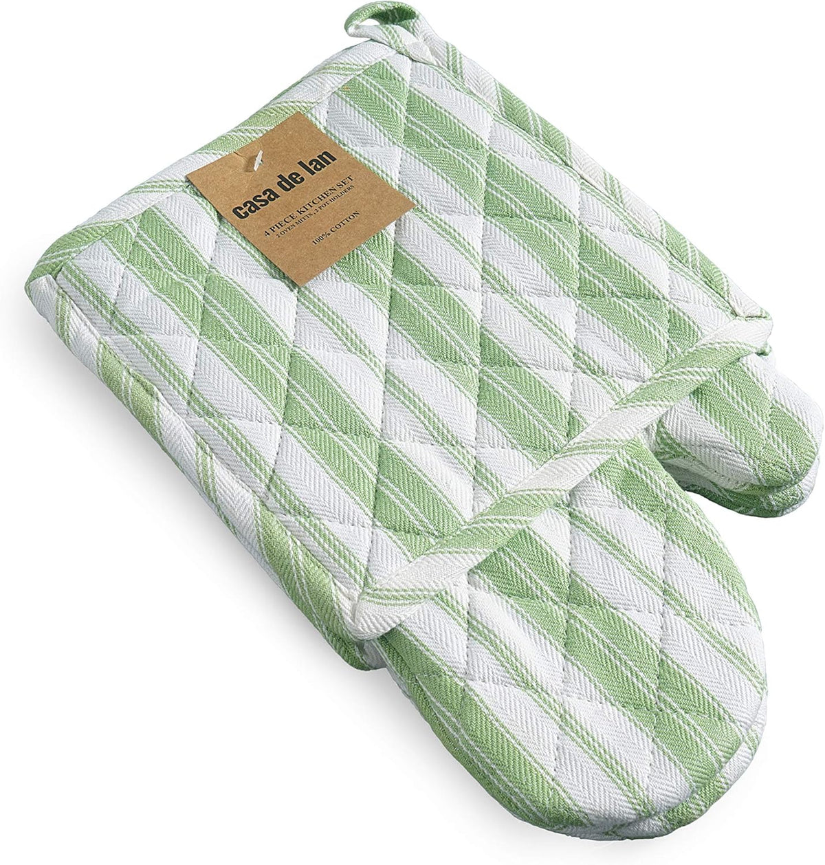 1 Oven Mitt, 1 PotHolder & 1 Kitchen Apron Set - Durable Heat Resistant Gloves - Thick Mittens for Kitchen - Suitable for Cooking, Baking, Grilling – Men & Women – Grass Green Stripes