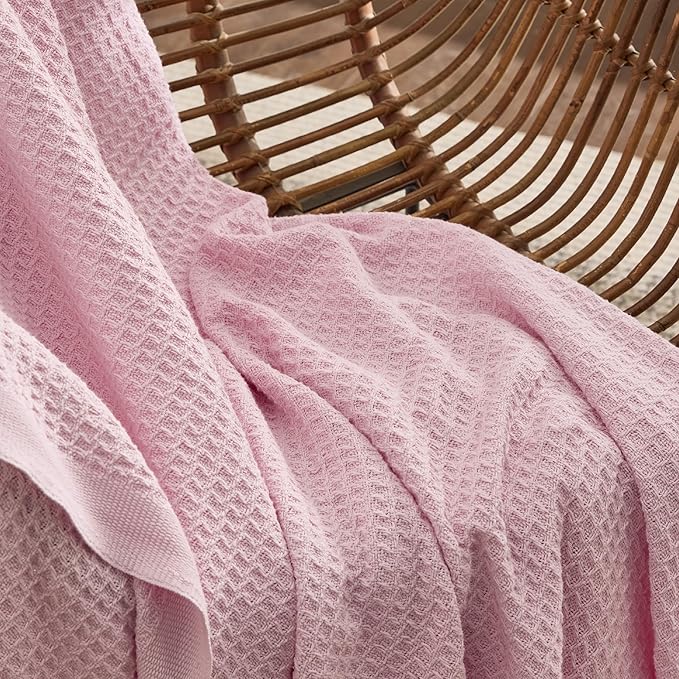 Bedsure 100% Cotton Blanket King Size for Bed - Breathable and Soft, Waffle Weave Blanket for Summer, Thick Cozy Fall Blankets for Women Gift, Pink, 104x90 inches