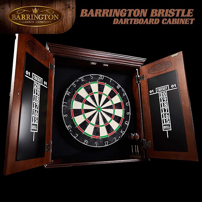 Barrington Dartboard Multiple Styles Pre-Assembled Wood Dartboard Cabinet Collection with 18” Bristle Dartboard & Steel Tip Dart Set, Perfect for Cricket Games