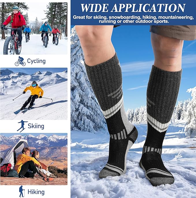 3 Pairs Merino Wool Ski Socks Thermal Warm Winter Thick Knee High Snowboarding Skiing Socks for Women Men