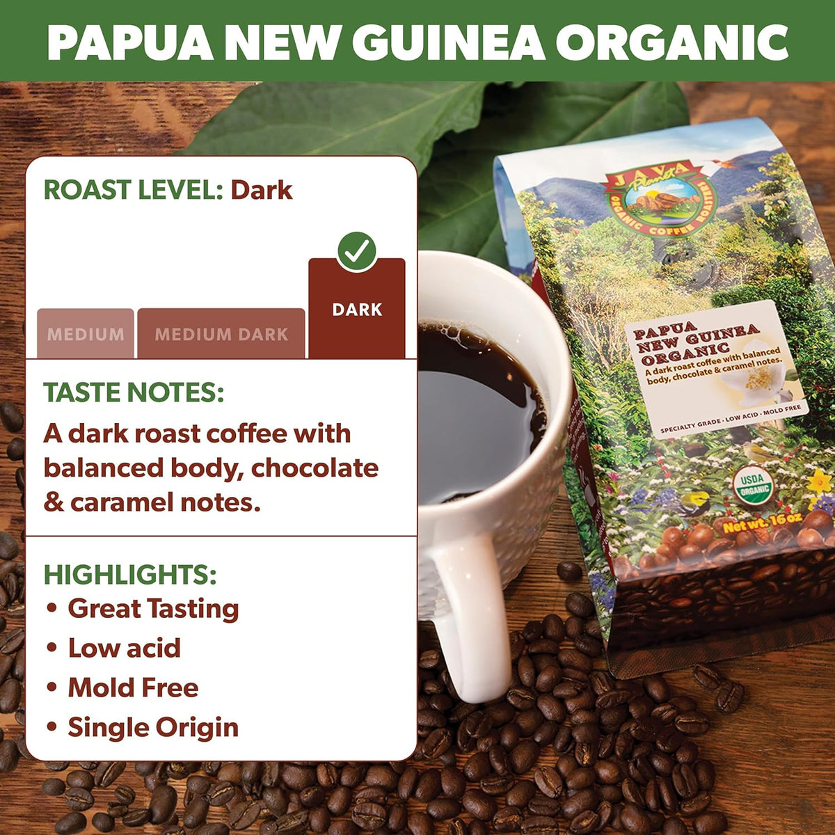 Low Acid Organic Coffee – Whole Bean, Mold-Free & Stomach Friendly by Java Planet, Papua New Guinea Single Origin Coffee, Dark Roast, Smooth Full Flavored, 2x1LB Bag