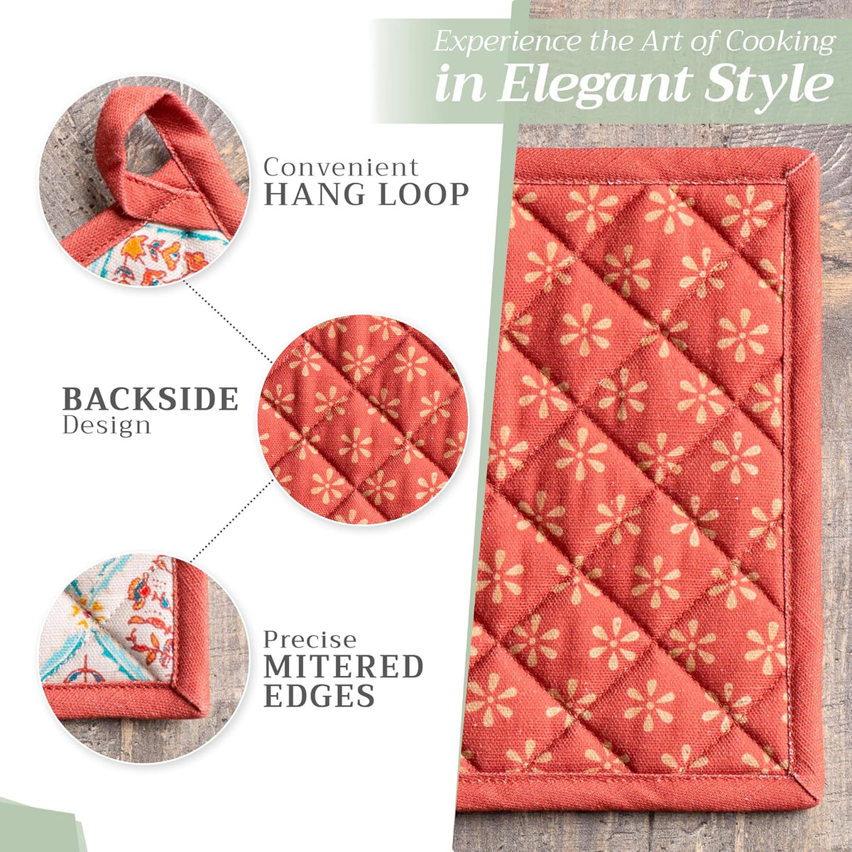 Maison d' Hermine 100% Cotton Oven Mitt & Pot Holder Set (7.5"x13" & 8"x8") Heat Resistant BBQ Cooking Gloves with Loop, Baking, Grilling, Kitchen, Handling Hot Pans (Romane)