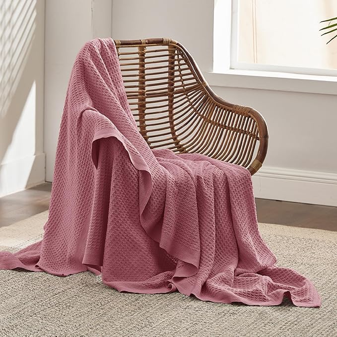 Bedsure 100% Cotton Large Throw Blanket for Couch 50x70 inches - Breathable and Soft, Waffle Weave Throw Blanket for Office, Dusty Rose