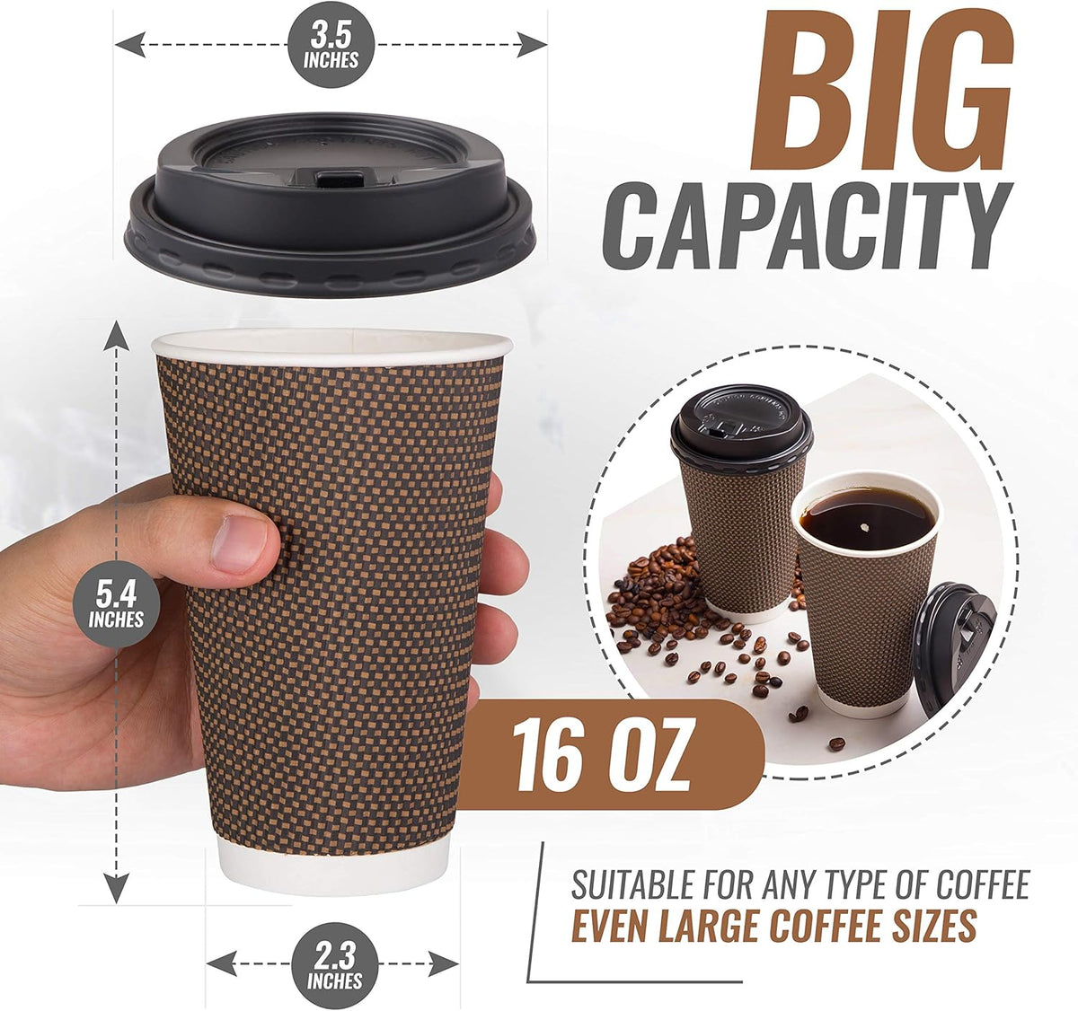 Promora Brown Disposable Coffee Cups With Lids 16 oz, Premium Insulated Paper Ripple Cups for Hot Coffee (80 Pack)