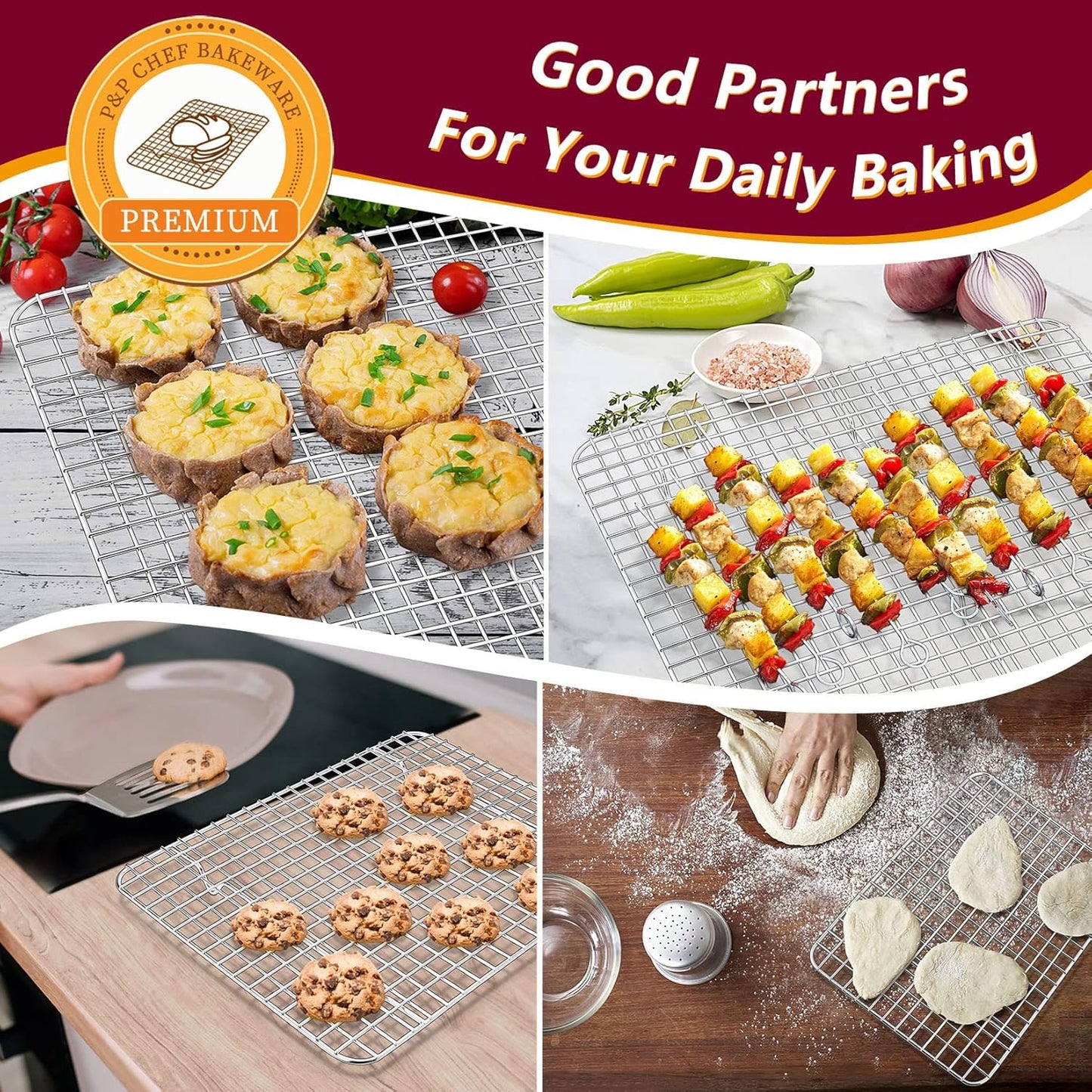 P&P CHEF 16 + 12.5 + 9 Inch Baking Sheet and Rack Set, Stainless Steel Cookie Sheets Oven Baking Pans Trays with Cooling Racks for Cooking & Roasting, Oven & Dishwasher Safe, (6Pcs)