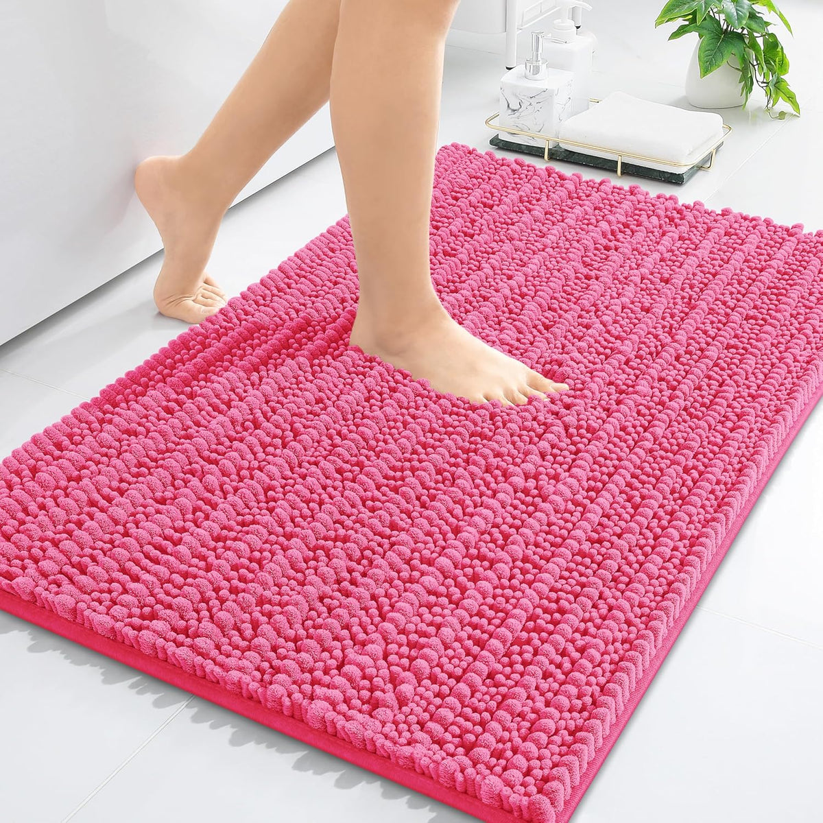 Arotive Luxury Chenille Bathroom Rug Mat, Extra Soft Thick Absorbent Shaggy Bath Rugs, Non-Slip Machine Wash Dry, Plush Bath Mats for Bathroom, Shower and Tub, 24x16, Deep Pink