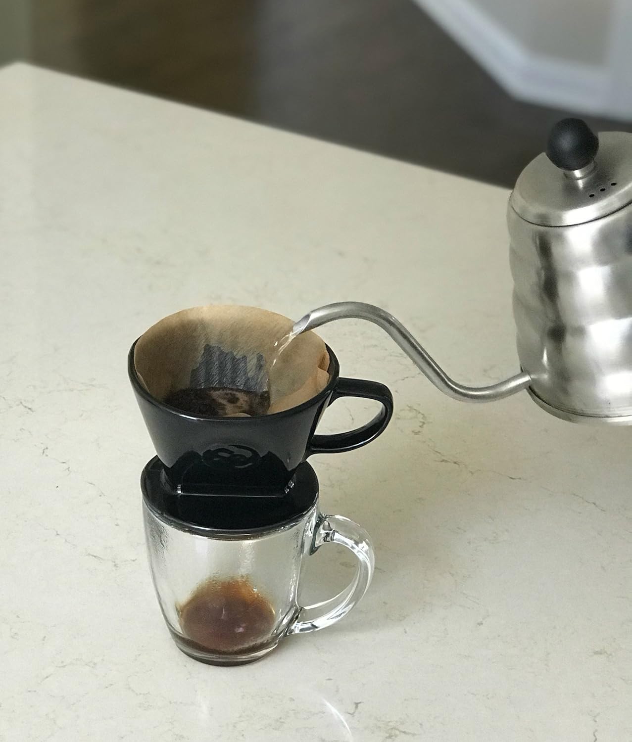 Simply Charmed Coffee Pour Over Single Cup Ceramic Brewer Coffee Maker with Melitta Filters (Black) 8-16 oz Depending on How Much Water/Grounds You Use