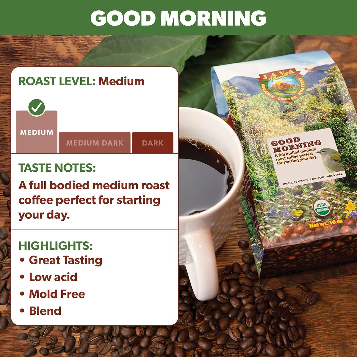 Low Acid Organic Coffee – Whole Bean, Mold-Free & Stomach Friendly by Java Planet, Good Morning Blend Coffee, Medium Roast, Smooth Full Flavored, 5LB Bag
