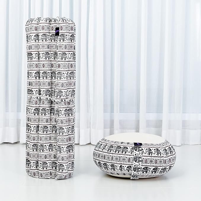 Leewadee Meditation Cushion Set – 1 Round Zafu Meditation Pillow and 1 Square Roll-Up Zabuton Meditation Mat, Pillows Bundle Filled with Kapok