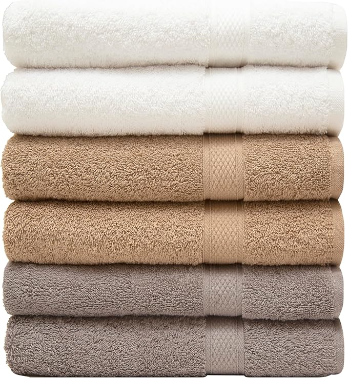 Pleasant Home Bath Towels Set of 6 (24” x 50”) 100% Cotton, 515 GSM | Soft & Absorbent Towels for Bathroom, Gym, Pool & Spa | Bulk Bath Towels 6 Pack - Neutral Mix