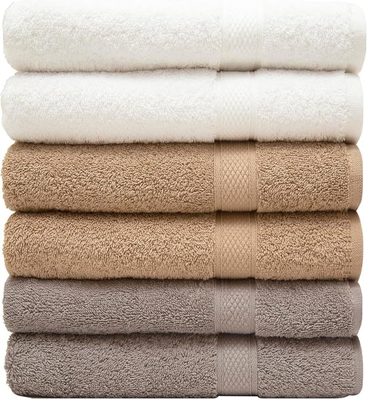 Pleasant Home Bath Towels Set of 6 (24” x 50”) 100% Cotton, 515 GSM | Soft & Absorbent Towels for Bathroom, Gym, Pool & Spa | Bulk Bath Towels 6 Pack - Neutral Mix