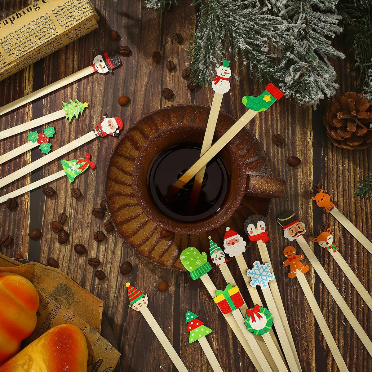 Mifoci 100 Pcs Christmas Wooded Coffee Stirrers Wood Cocktail Coffee Stir Sticks Disposable Stirring Sticks for Beverage Chocolate Hot Drink Party Supplies, 20 Styles (Vibrant Style)