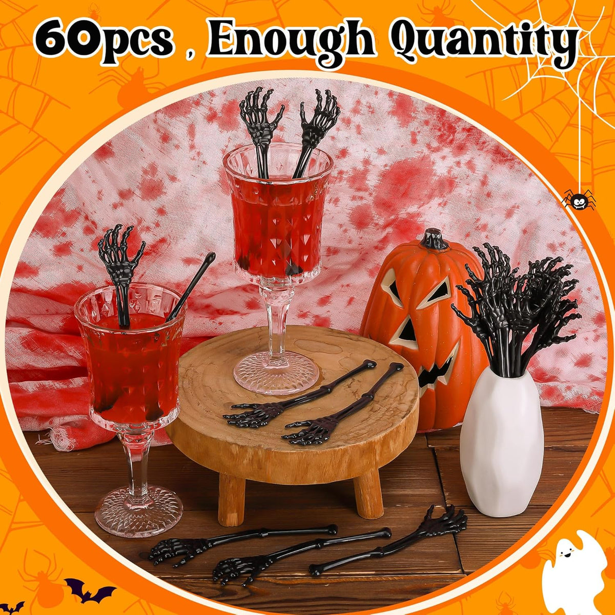 RunNico 60 Pcs 5.9''x1.5'' Halloween Skeleton Cocktail Stirrers, Reusable Skeleton Hand Swizzle Sticks, Halloween Plastic Drink Stirrer for Home Bar Horror Party Table Decorations