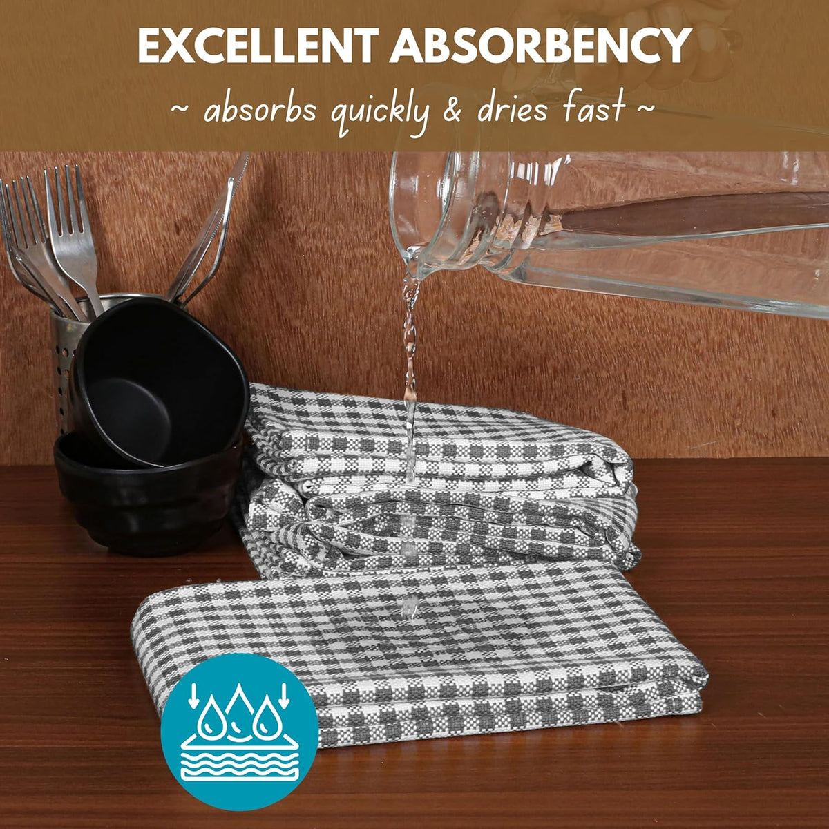 Native Fab 4 Pack Gingham Plaid Kitchen Towels 16"x26" - 100% Cotton Absorbent Washable Tea Towels, Kitchen Cloths, Restaurant Grade Dish Towel with Hanging Loop, Grey White