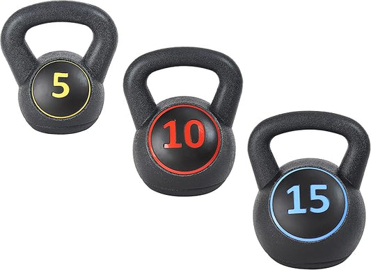 Wide Grip 3-Piece Kettlebell Exercise Fitness Weight Set, Include 5 lbs, 10 lbs, 15 lbs and 20 lbs, Set of 3 or Set of 4