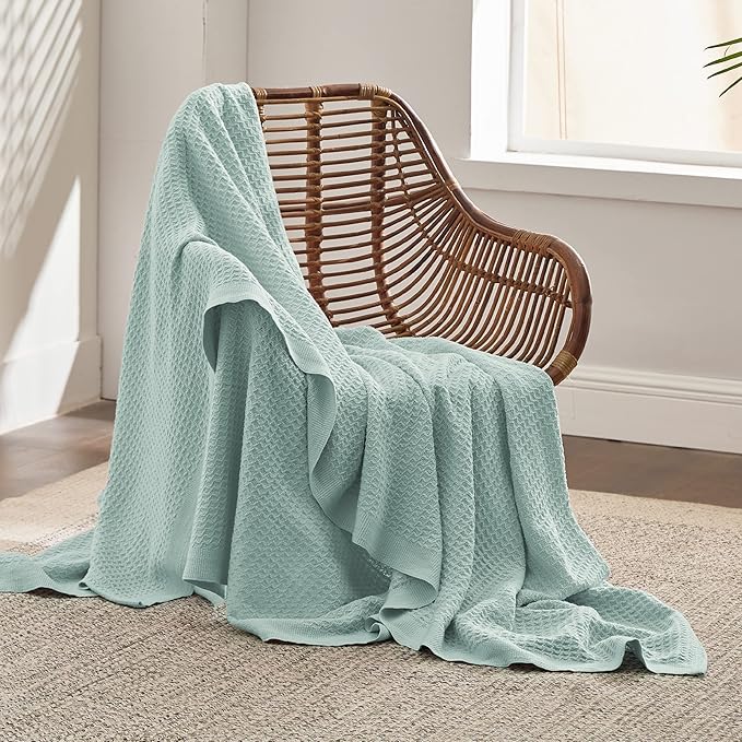 Bedsure 100% Cotton Blanket Twin XL Size for College Dorm - Breathable and Soft, Waffle Weave Twin Blanket for Summer, Dorm Room Essentials, Mint, 66x90 inches