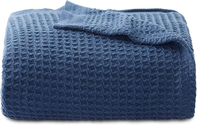 Bedsure 100% Cotton Blanket Twin XL Size for College Dorm - Breathable and Soft, Waffle Weave Twin Blanket for Summer, Dorm Room Essentials, Navy, 66x90 inches