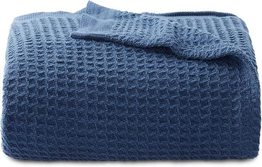Bedsure 100% Cotton Large Throw Blanket for Couch 50x70 inches - Breathable and Soft, Waffle Weave Throw Blanket for Office, Navy