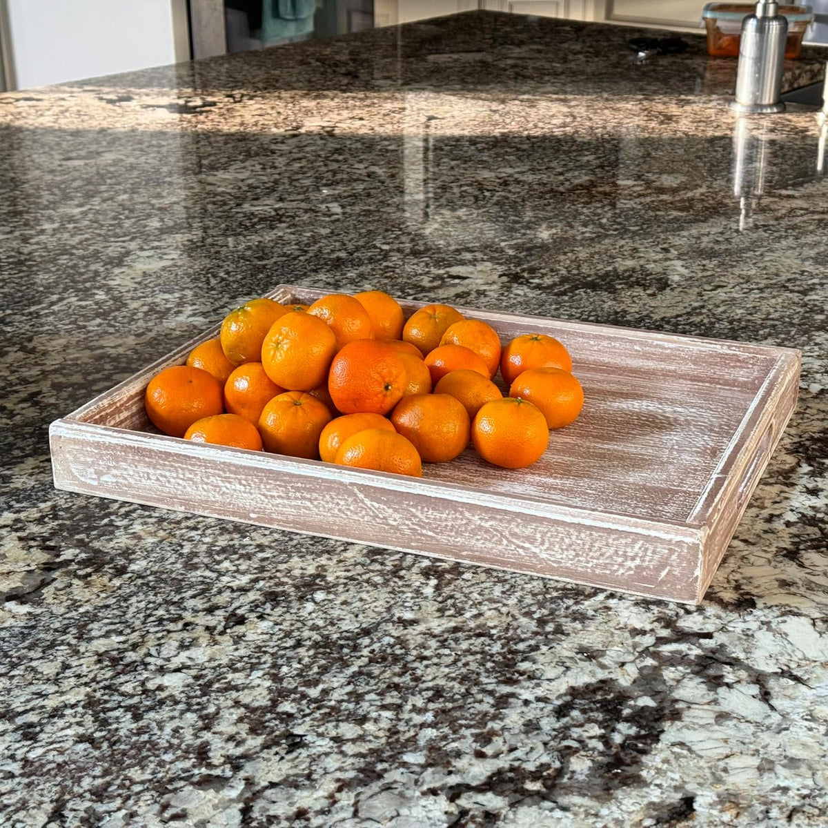 Allgala Wooden Tray - 17"x13"x2" Vintage Beige Rectangle Stylish Rustic Farmhouse Decor Serving Platter