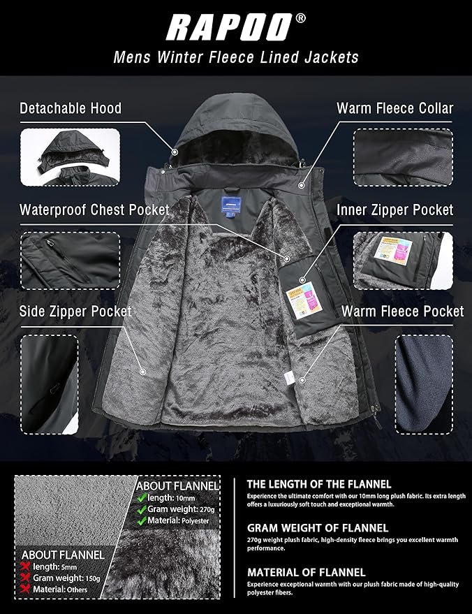 Rapoo Men's Winter Ski Snow Jacket Mountain Waterproof Windproof Rain Jacket