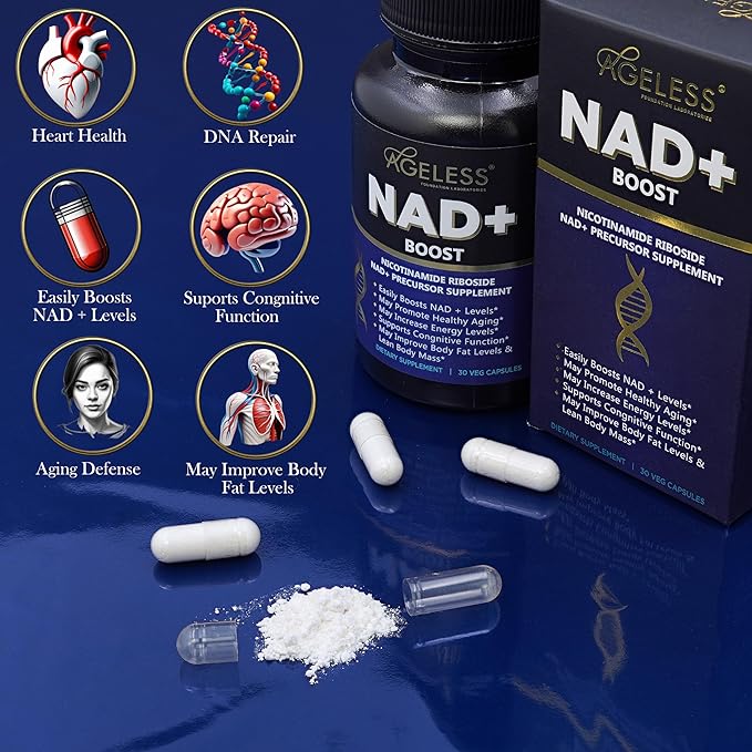 Ageless NAD Supplements for Women & Men | High Purity 300mg Nicotinamide Riboside Chloride | NMN Supplement for Anti-Aging | Support Energy, Focus, Body Fat and Cognitive Function 30 Count