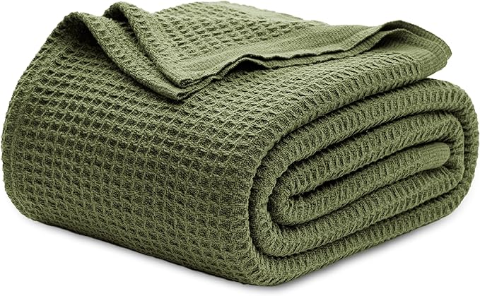 Bedsure 100% Cotton Blanket King Size for Bed - Breathable and Soft, Waffle Weave Blanket for Summer, Thick Cozy Fall Blankets for Women Gift, Olive Green, 104x90 inches