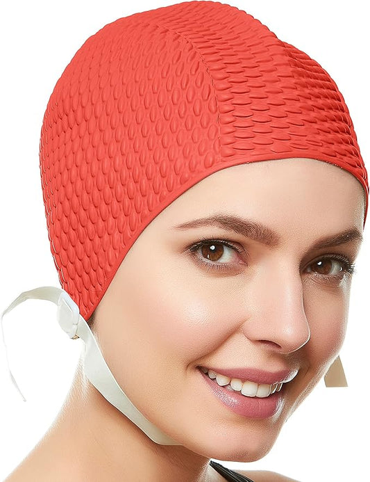Beemo Swim Cap Women Chin Strap Bubble Crepe Latex Long Short Hair Swimming Caps