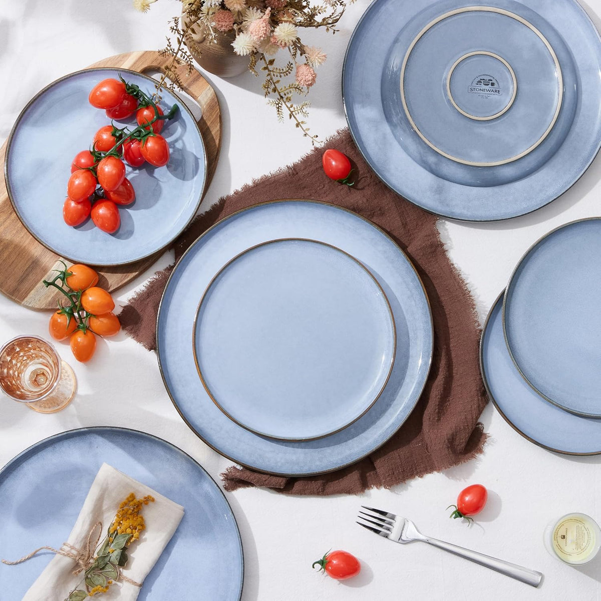 Herogo 6-Piece Stoneware Dinner Plates Set, 7.9" Ceramic Round Dessert Plate Set, Small Handmade Double Reactive Glaze Dinnerware Plates for Kitchen, Microwave, Oven and Dishwasher Safe, Haze Blue
