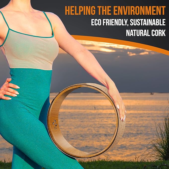 Deluxe Cork Yoga Wheel Set - Cork Wheel + 2 Blocks + Strap + Exercise Guide. Extra Firm Bricks. Better Support, Natural and Eco-Friendly. Home Exercise Kit. Ideal for Women Yogis.