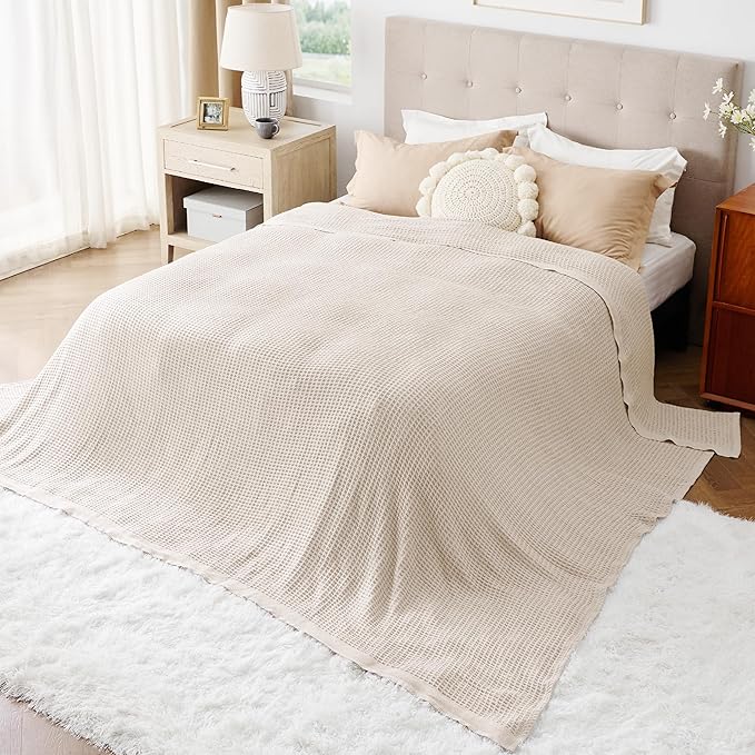 Bedsure 100% Cotton Large Blanket Oversized King for Bed - Breathable Thick Waffle Weave Blanket for Summer, Couch Cover, Khaki (a Little Bit Yellow), 120x94 inches
